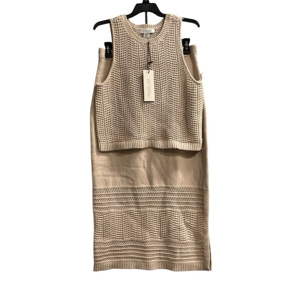 Rachel Zoe Skirt Set Women M Tan Crochet Sweater Knit Cropped Tank Boho Hippie - Picture 1 of 14